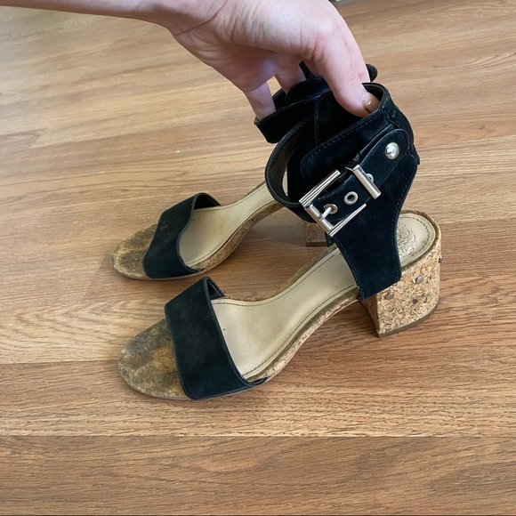 Vince Camuto Black Suede & Cork Heeled Sandals - Picture 3 of 5